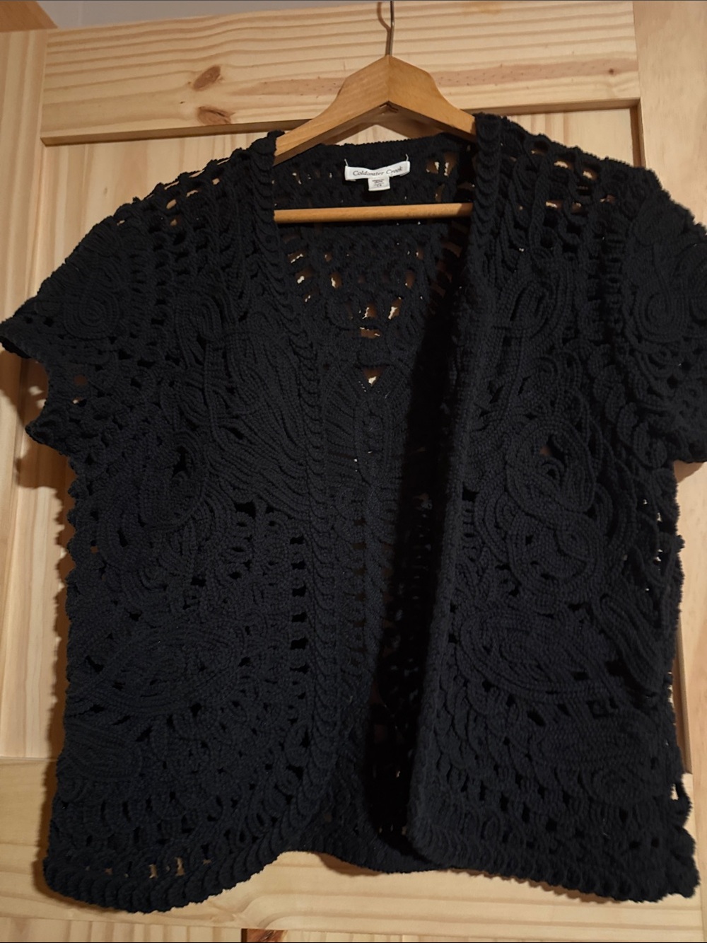 Coldwater Creek Black Crocheted Open-Front Shrug